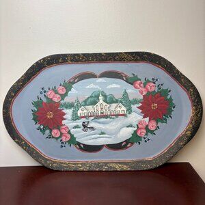 Hand Painted Wood Oval Serving Tray Christmas Theme Victorian Style OOAK